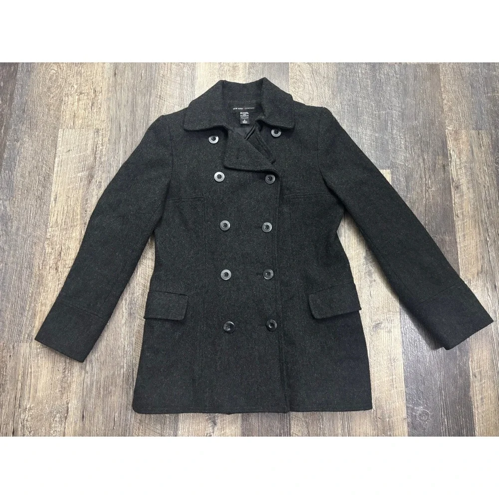 New York & Company Womens Wool Blend Pea Coat Charcoal Grey Double Breasted Sz 6